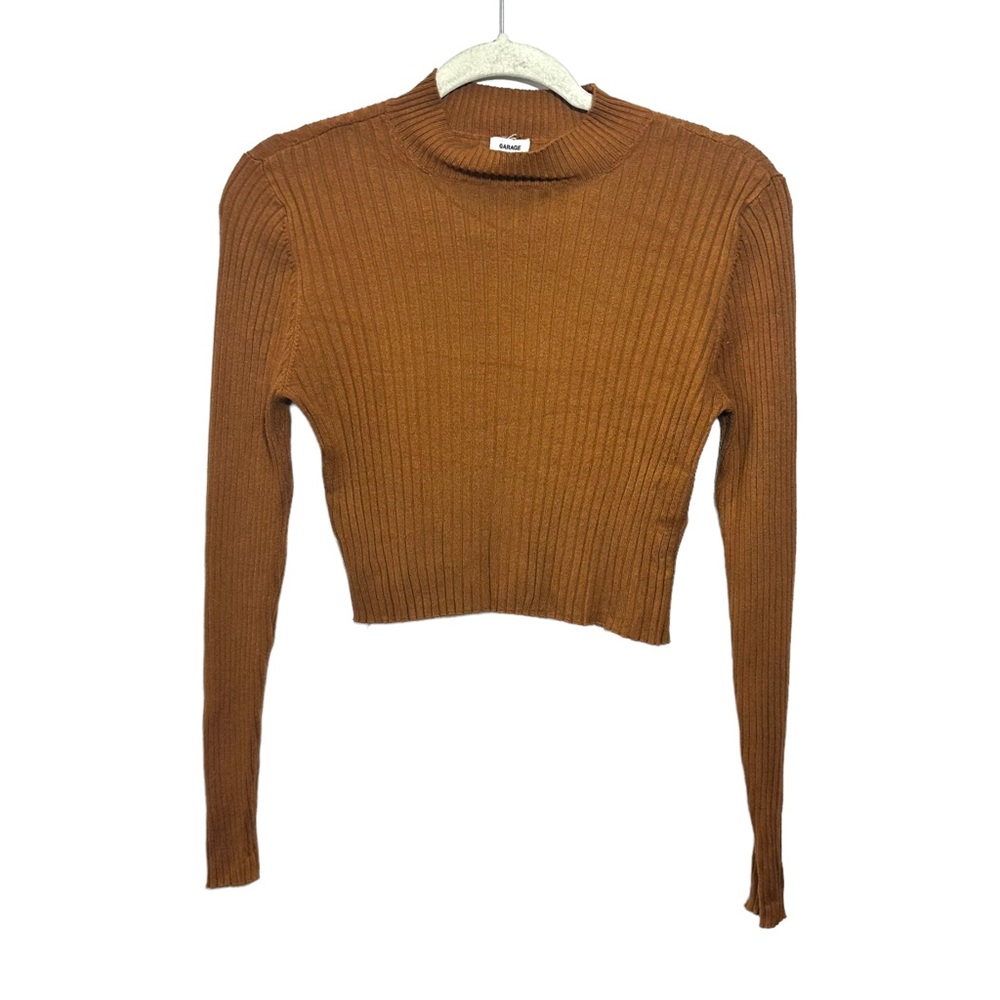 Garage Women's Size M Long Sleeve Brown Cropped Ribbed Knit Mock Neck Top